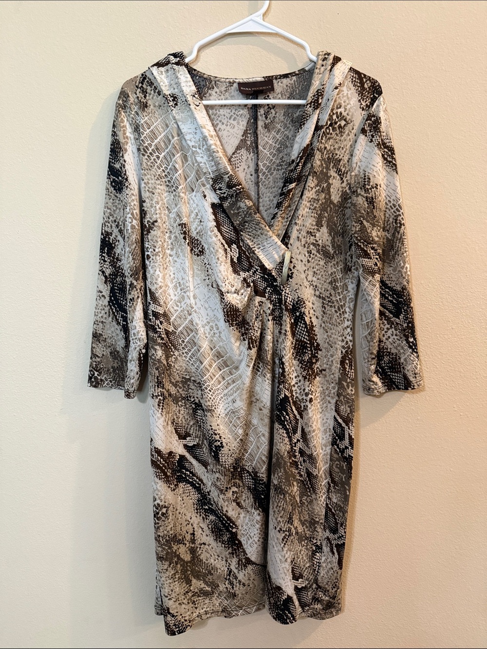 Dana Buchman Neutral Snake-Print Long Sleeve Wrap Dress